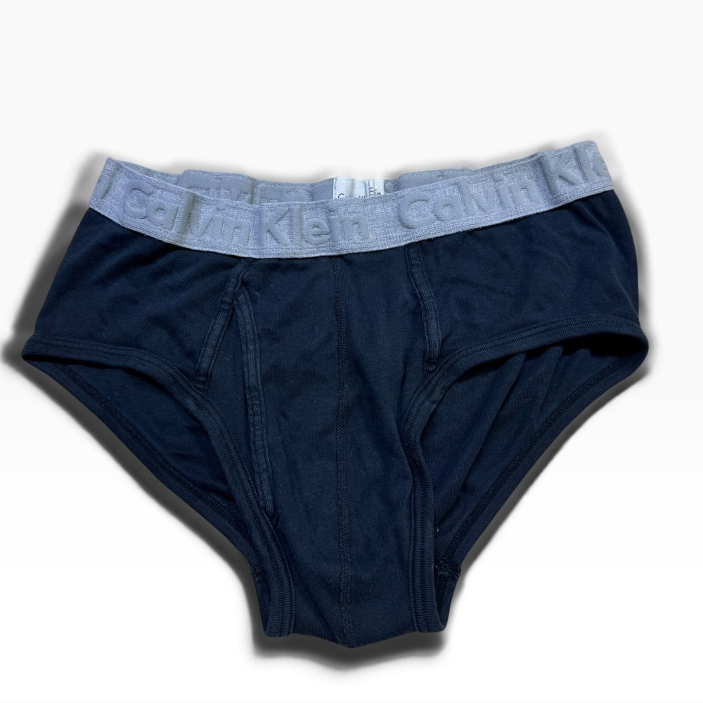 Calvin Klein Mens Cotton Briefs Navy Blue Grey Logo Waistband Size Medium